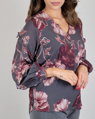 Blusa con stampa floreale e rouches