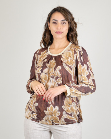 Blusa girocollo con stampa marrone