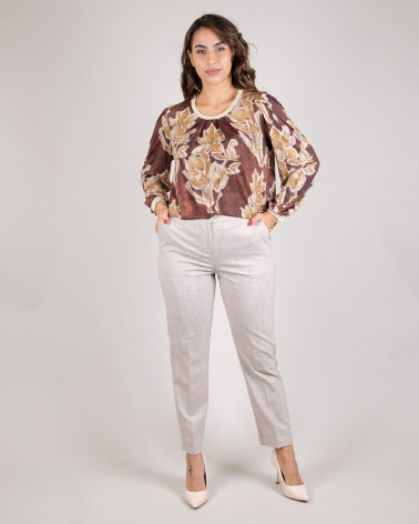 Blusa girocollo con stampa marrone