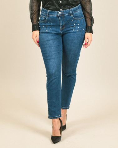 Jeans skinny con strass bicolore