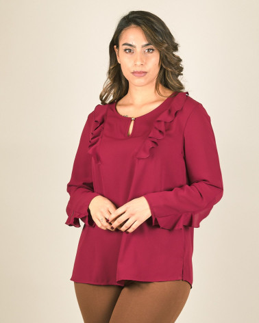 Blusa bordeaux con rouches davanti e sulle maniche