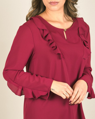 Blusa bordeaux con rouches davanti e sulle maniche