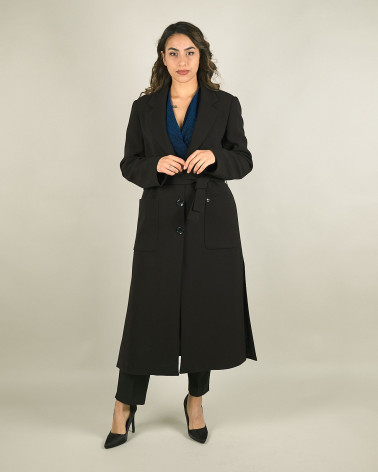 Cappotto nero lungo con con cintura