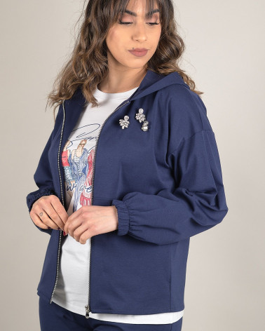 Felpa blu elegante con cappuccio e zip frontale