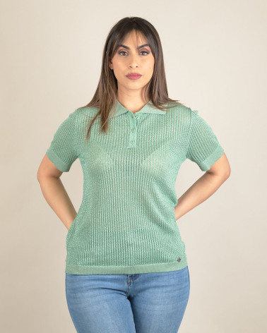 Polo in maglia traforata con lurex