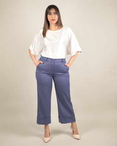 Pantaloni cropped in chambray con risvolto