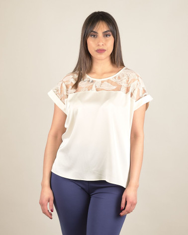 Blusa burro in raso con tulle ricamato