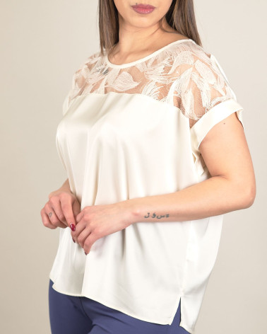 Blusa burro in raso con tulle ricamato