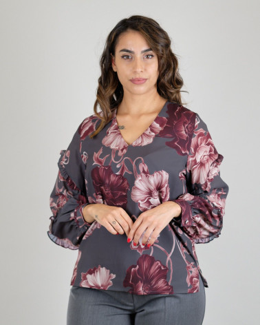 Blusa con stampa floreale e rouches