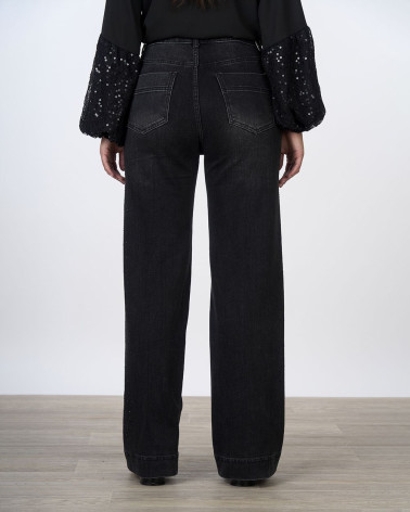 Jeans wide leg nero con strass laterali