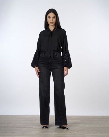Jeans wide leg nero con strass laterali