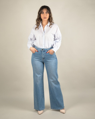 Jeans wide leg con strass brillanti