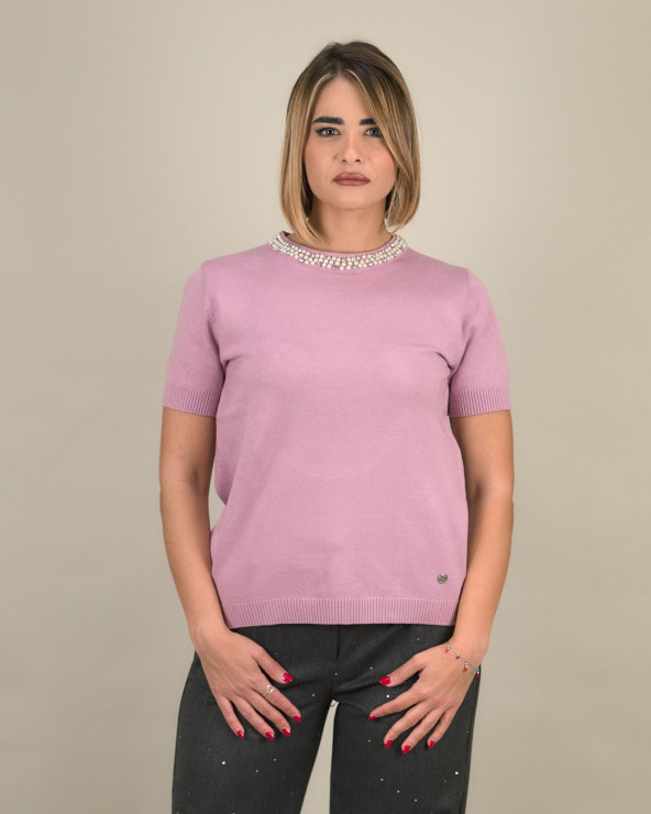 Maglia con collo gioiello e...