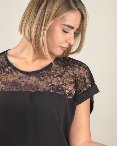 Blusa con inserto in pizzo e paillettes