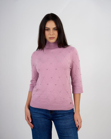 Maglia dolcevita con trama a rombi e applicazioni 