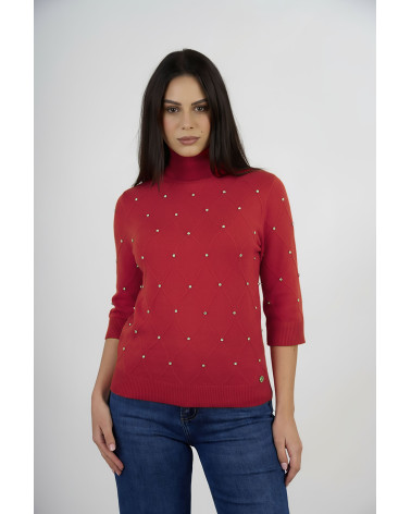 Maglia dolcevita con trama a rombi e applicazioni 