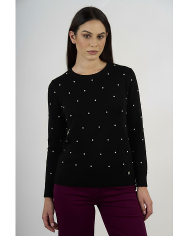 Maglia con trama a rombi e applicazioni gioiello