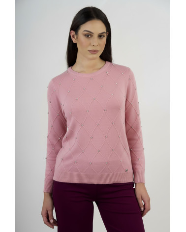 Maglia con trama a rombi e applicazioni gioiello