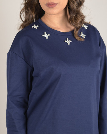 Felpa blu con perline e orlo a contrasto