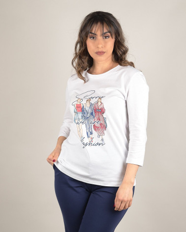 T-shirt bianca in cotone con stampa e manica 3/4
