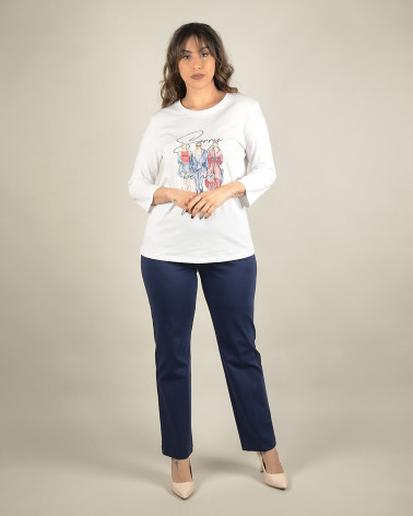 T-shirt bianca in cotone con stampa e manica 3/4