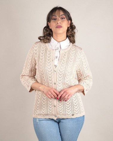 Cardigan traforato girocollo con perle
