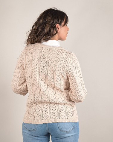 Cardigan traforato girocollo con perle