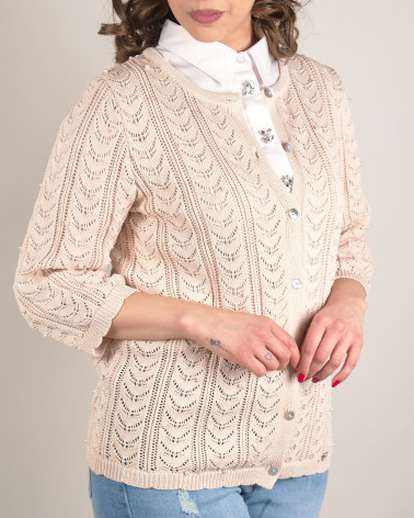 Cardigan traforato girocollo con perle