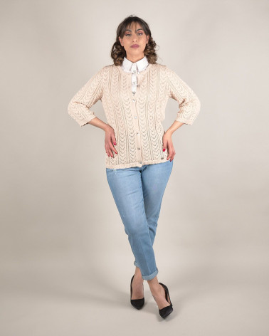 Cardigan traforato girocollo con perle