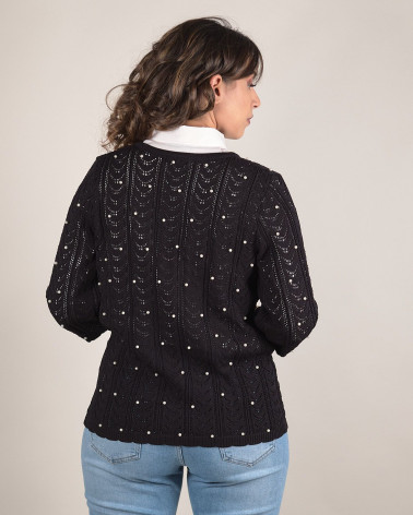 Cardigan traforato girocollo con perle