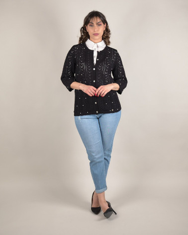 Cardigan traforato girocollo con perle