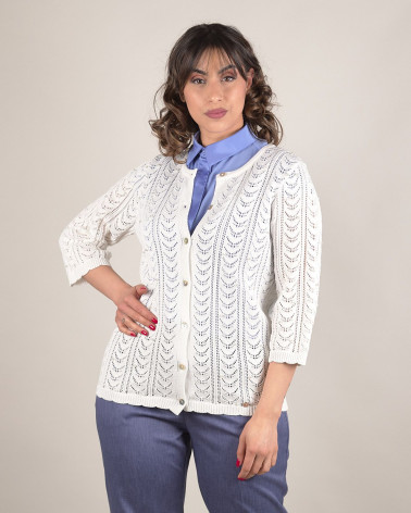 Cardigan traforato girocollo con perle
