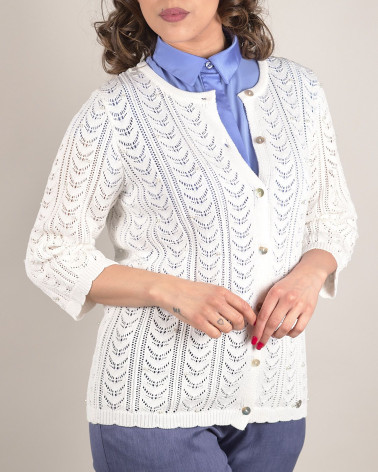 Cardigan traforato girocollo con perle