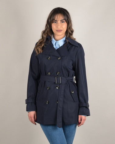 Trench midi blu doppiopetto con cintura