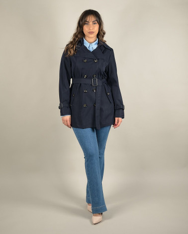 Trench midi blu doppiopetto con cintura