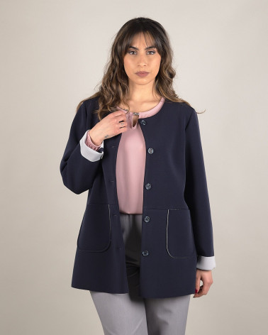 Giacca midi in scuba blu con bottoni e tasche