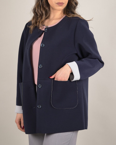 Giacca midi in scuba blu con bottoni e tasche