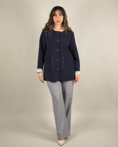 Giacca midi in scuba blu con bottoni e tasche