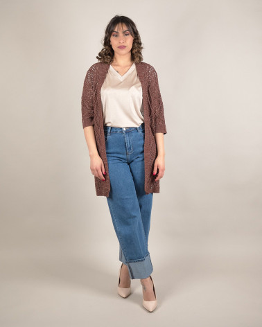 Cardigan lungo traforato con filato lurex