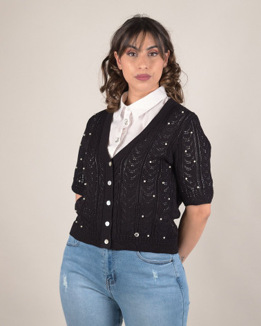 Cardigan traforato con scollo a V e perle