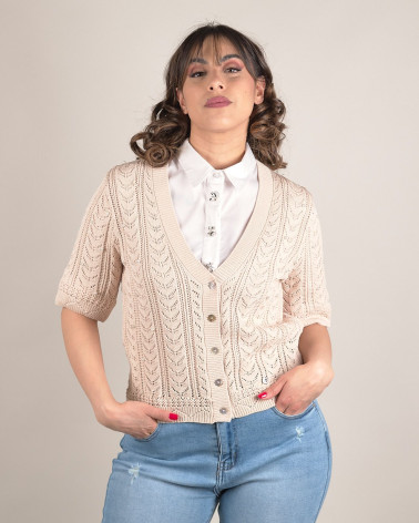 Cardigan traforato con scollo a V e perle
