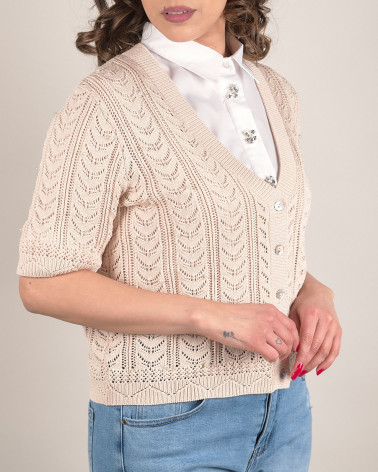 Cardigan traforato con scollo a V e perle
