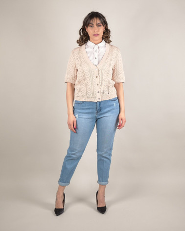 Cardigan traforato con scollo a V e perle