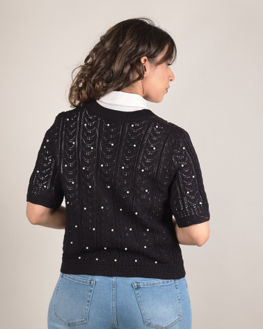 Cardigan traforato con scollo a V e perle