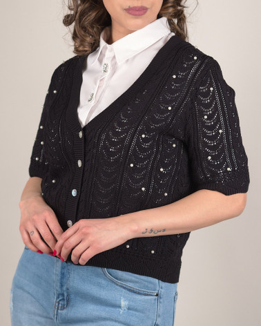 Cardigan traforato con scollo a V e perle