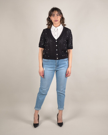 Cardigan traforato con scollo a V e perle