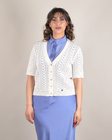 Cardigan traforato con scollo a V e perle