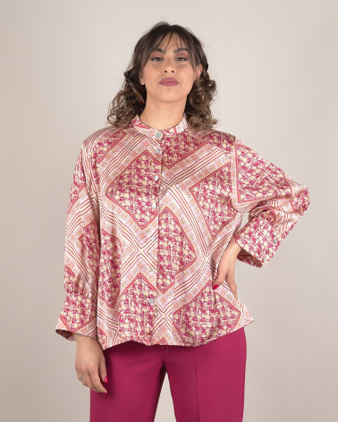 Camicia in raso fantasia barocca con collo coreano