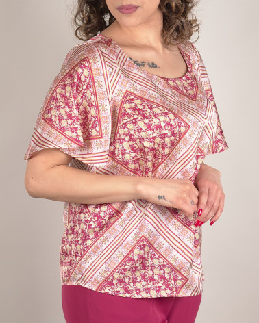 Blusa in raso fantasia barocca con maniche voilant