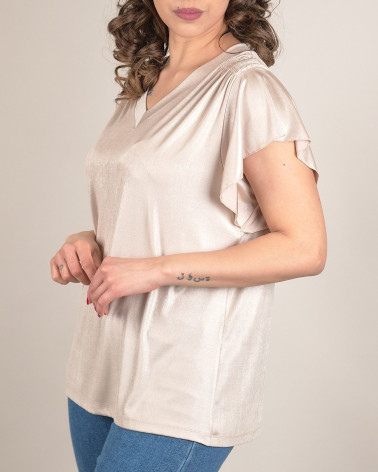 Maglia in jersey lucido con manica a volant